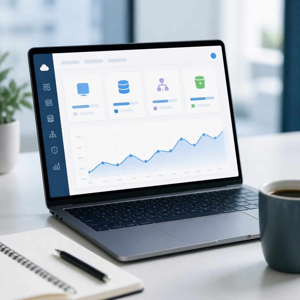 Laptop displaying cloud spending graphs beside a notebook on a tidy desk in a London office