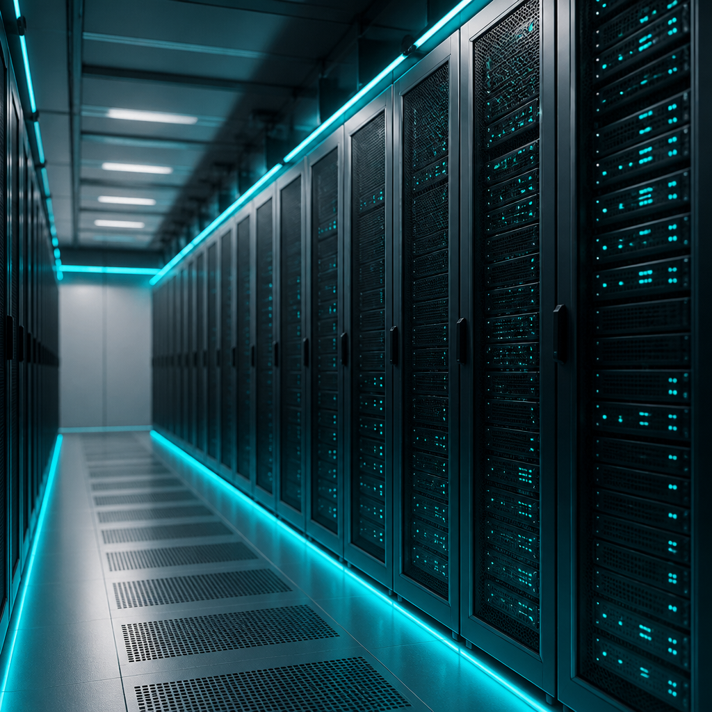 Rows of cloud server racks in a data centre corridor, some dimmed to show idle capacity