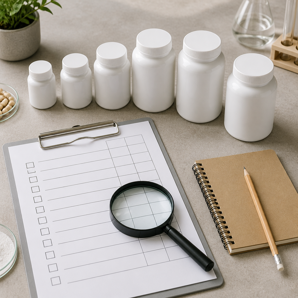 Flat-lay of plain unlabelled supplement bottles with a magnifying glass and checklist on a workbench.