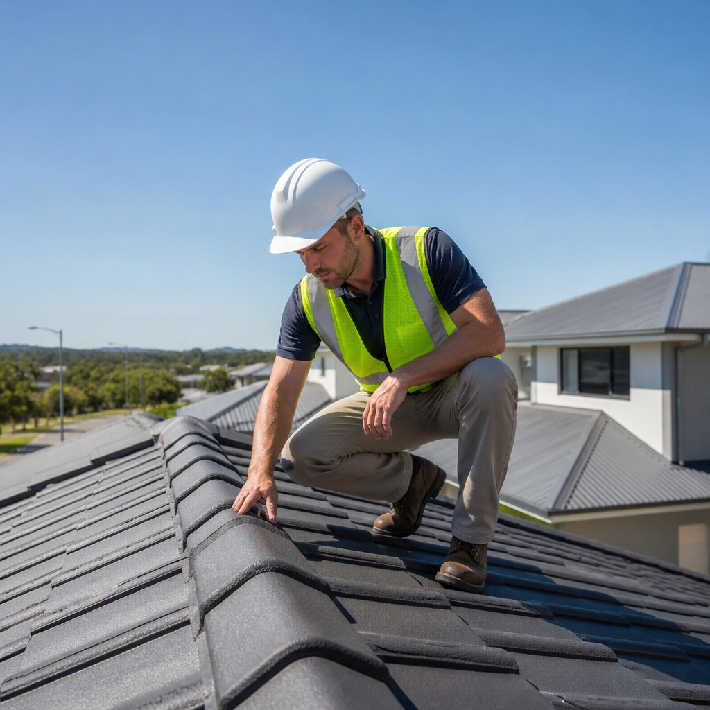 Building inspector checking roof tiles on a new Queensland home to find roofing defects before handover