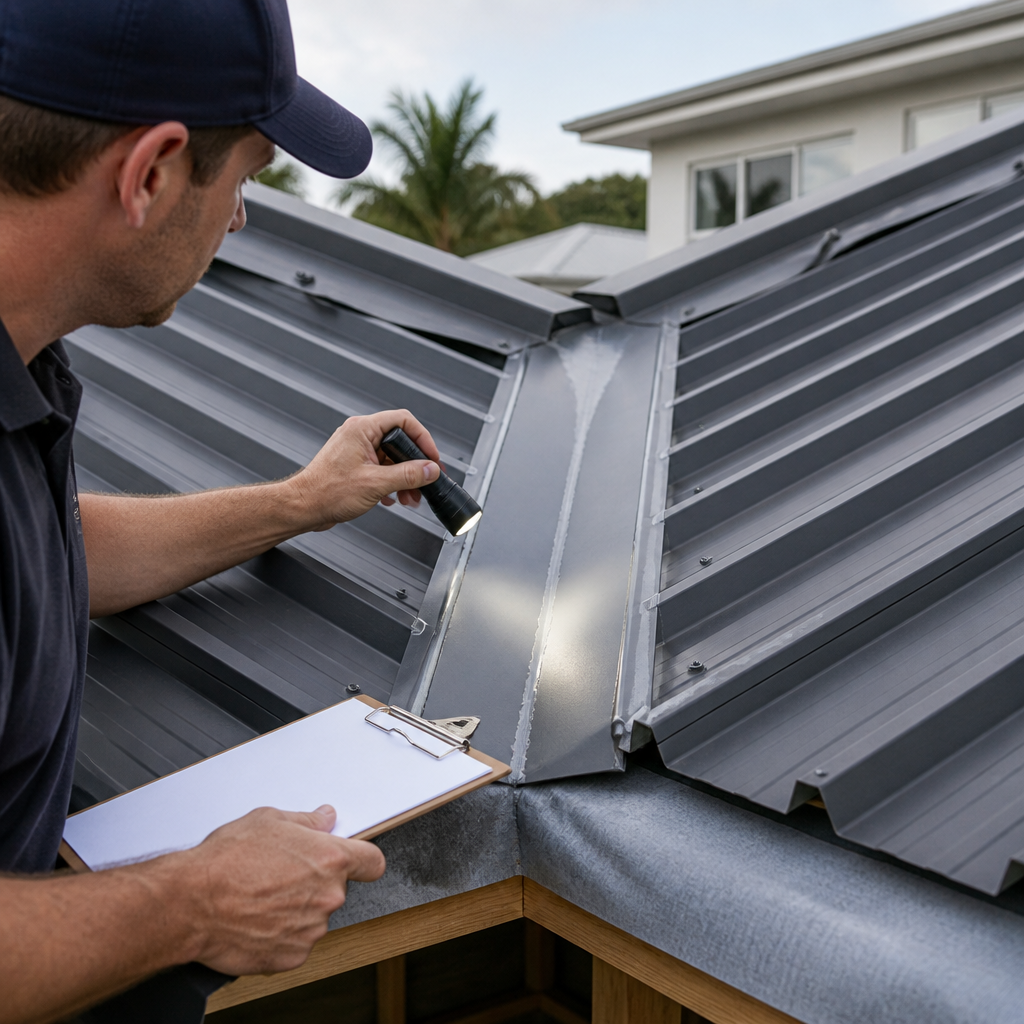 Close-up of roof flashing and valley joins being checked for leaks on a new build