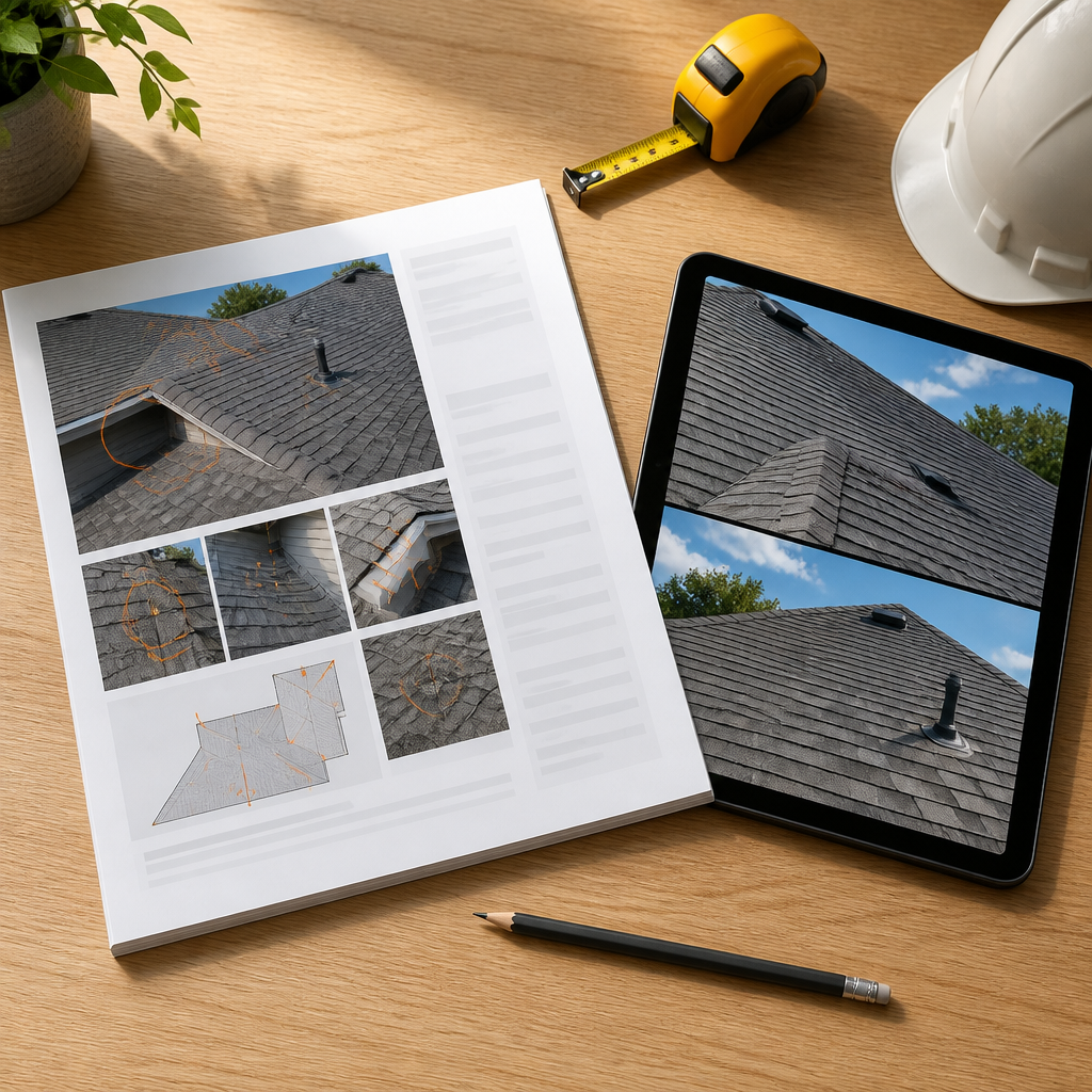 Roof inspection report with annotated photos prepared after a new home defect check