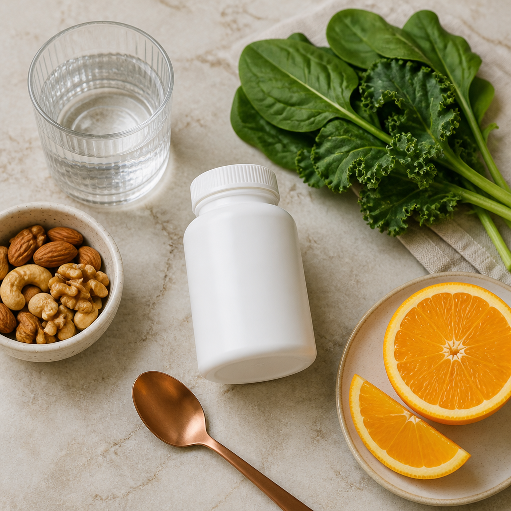 Flat-lay of an unlabelled supplement bottle, water, leafy greens and nuts, illustrating a copper supplement UK guide.