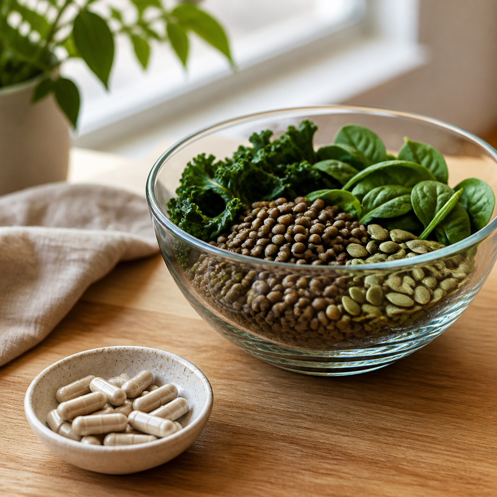 Bowl of lentils, spinach and pumpkin seeds beside plain capsules, showing foods linked to iron and copper absorption.