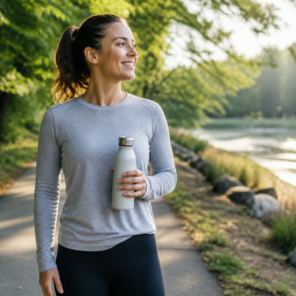 Active adult holding a reusable water bottle on an outdoor running path in morning light.