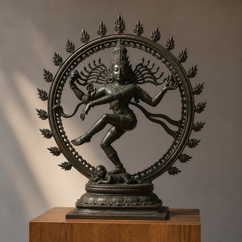 Chola bronze sculpture of Nataraja, the dancing Shiva, with a detailed patinated surface on a wooden plinth.