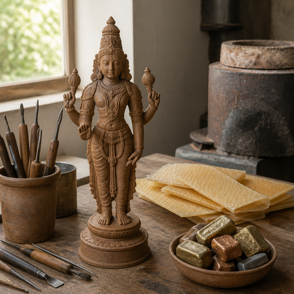 Wax model of a Hindu deity figure on a workbench beside casting tools and raw metal, showing the lost wax method.