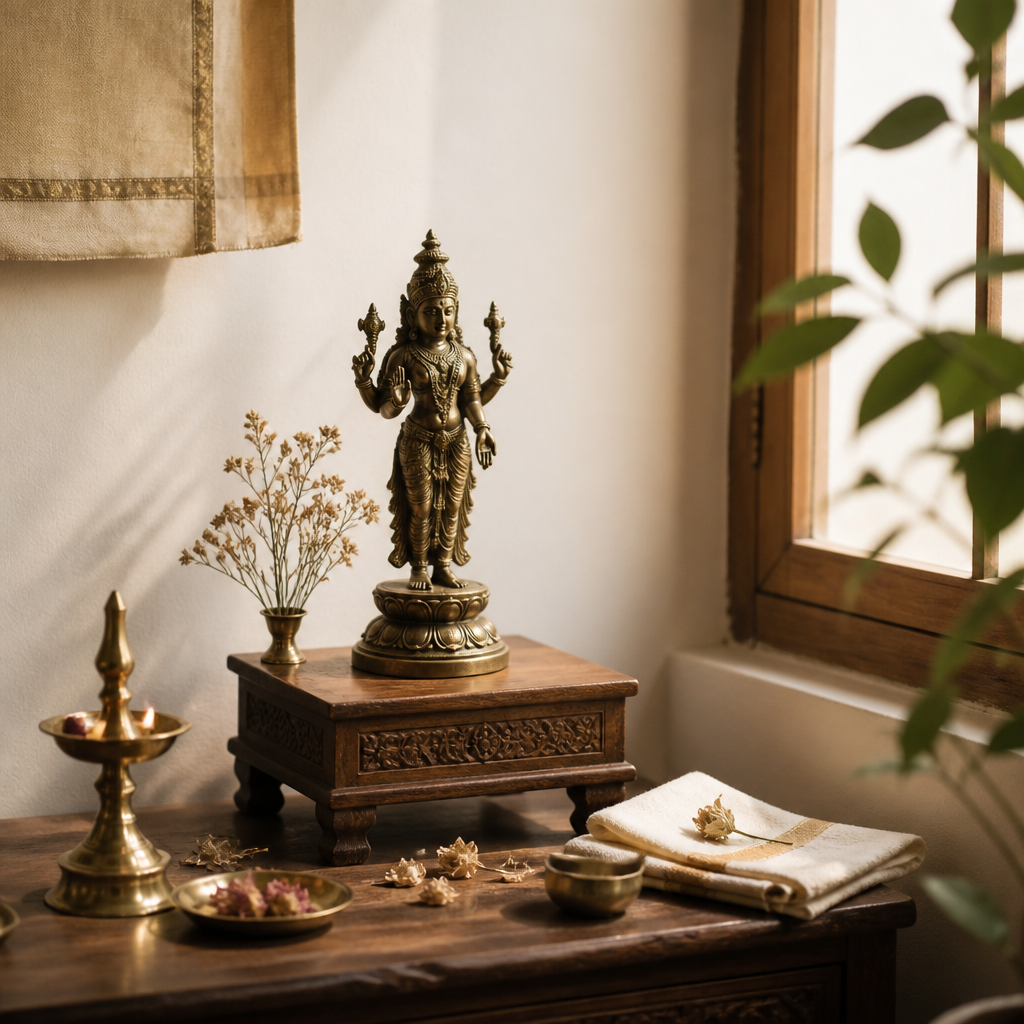Hindu bronze statue on a wooden stand on a home altar beside a brass lamp and dried flowers.