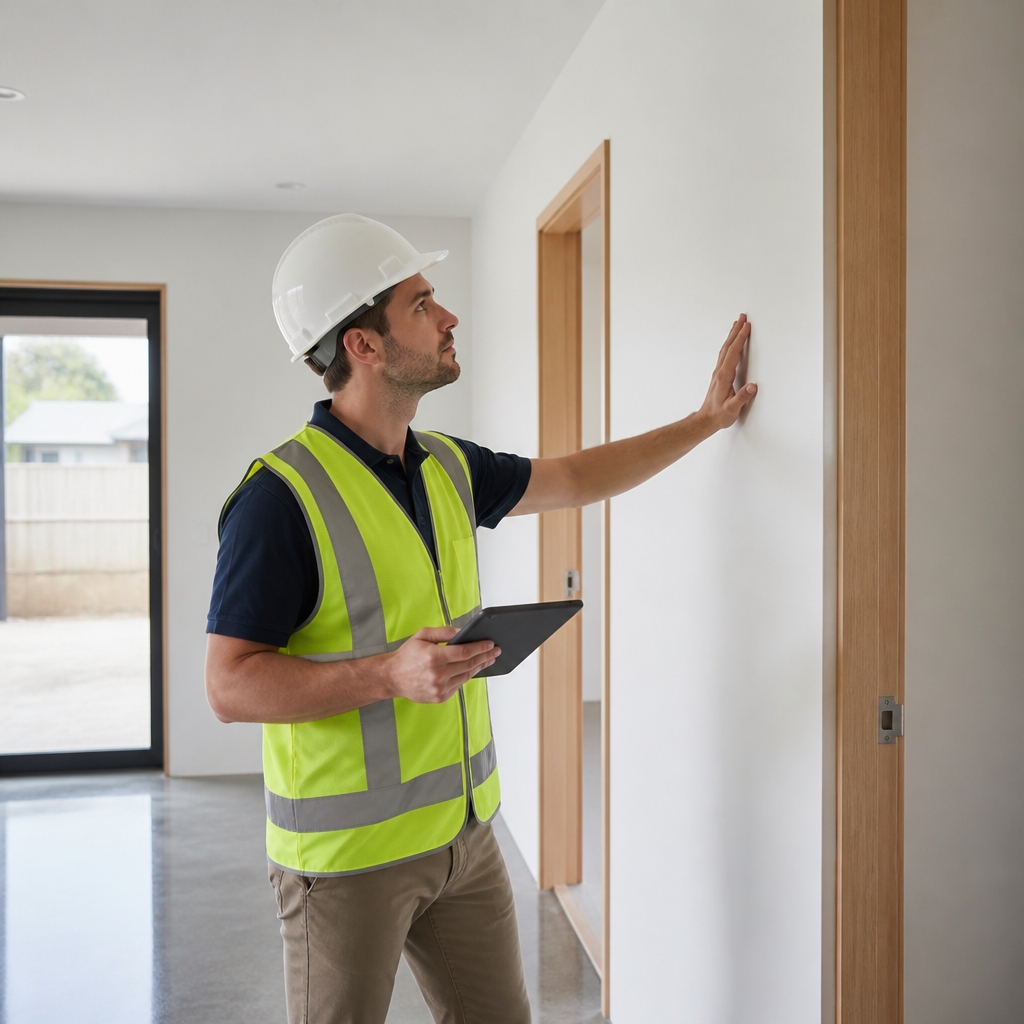 Licensed inspector checking a new home interior during a new home inspection in Caboolture, with clipboard and tablet in hand.