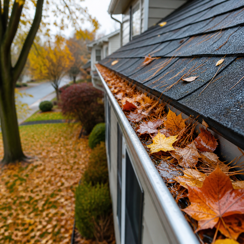 Eavestrough on a Mississauga house roof packed with wet autumn leaves and needles during fall