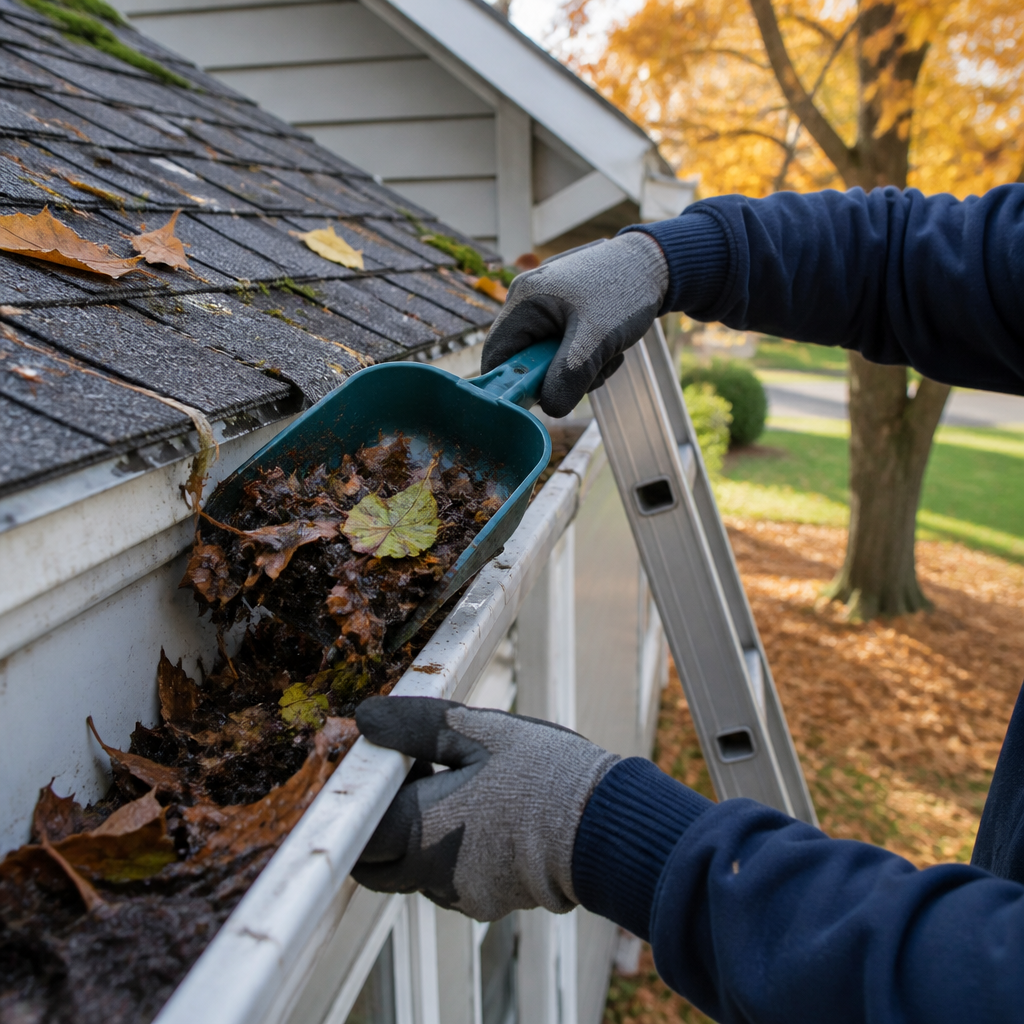 Hands in gloves removing wet leaf debris from a residential gutter during fall cleaning