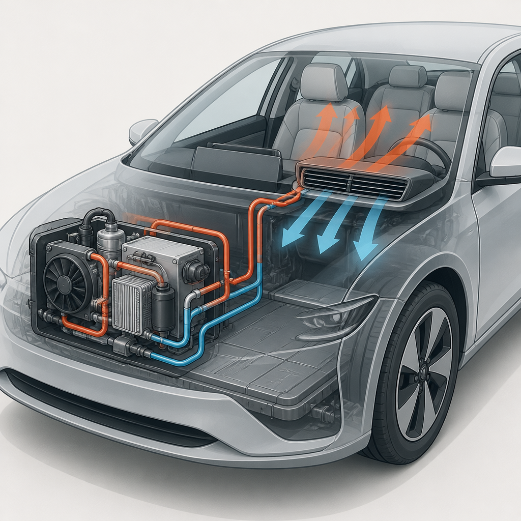 Ilustración de un sistema de bomba de calor en un coche eléctrico con flechas de aire cálido y frío.