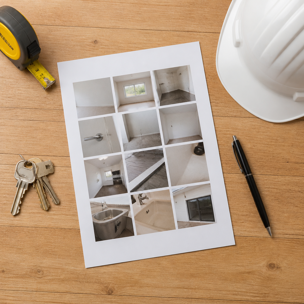 Flat-lay of a photo-based defect report, tape measure and house keys, representing a handover inspection summary.
