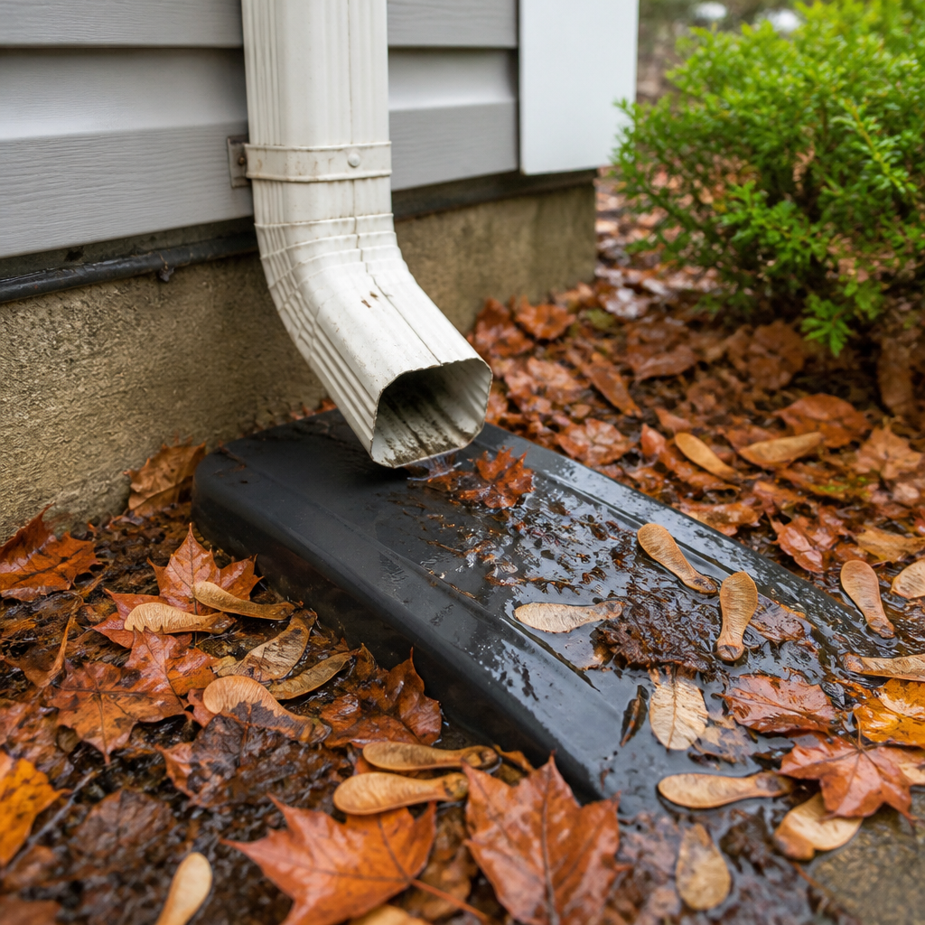 Downspout outlet with damp leaves and seeds at the base of a Mississauga home in autumn