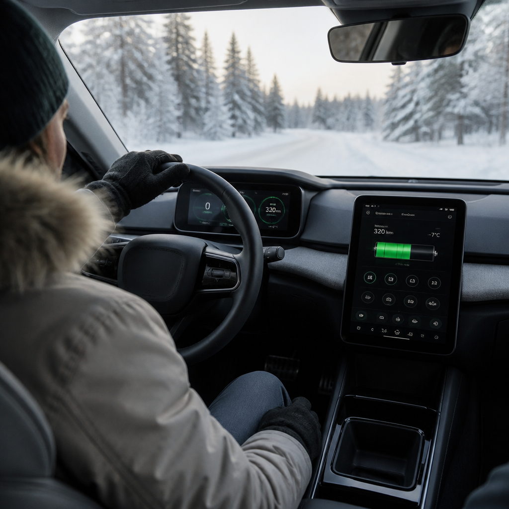 Conductor con abrigo de invierno al volante de un coche eléctrico, revisando la climatización en un día frío.