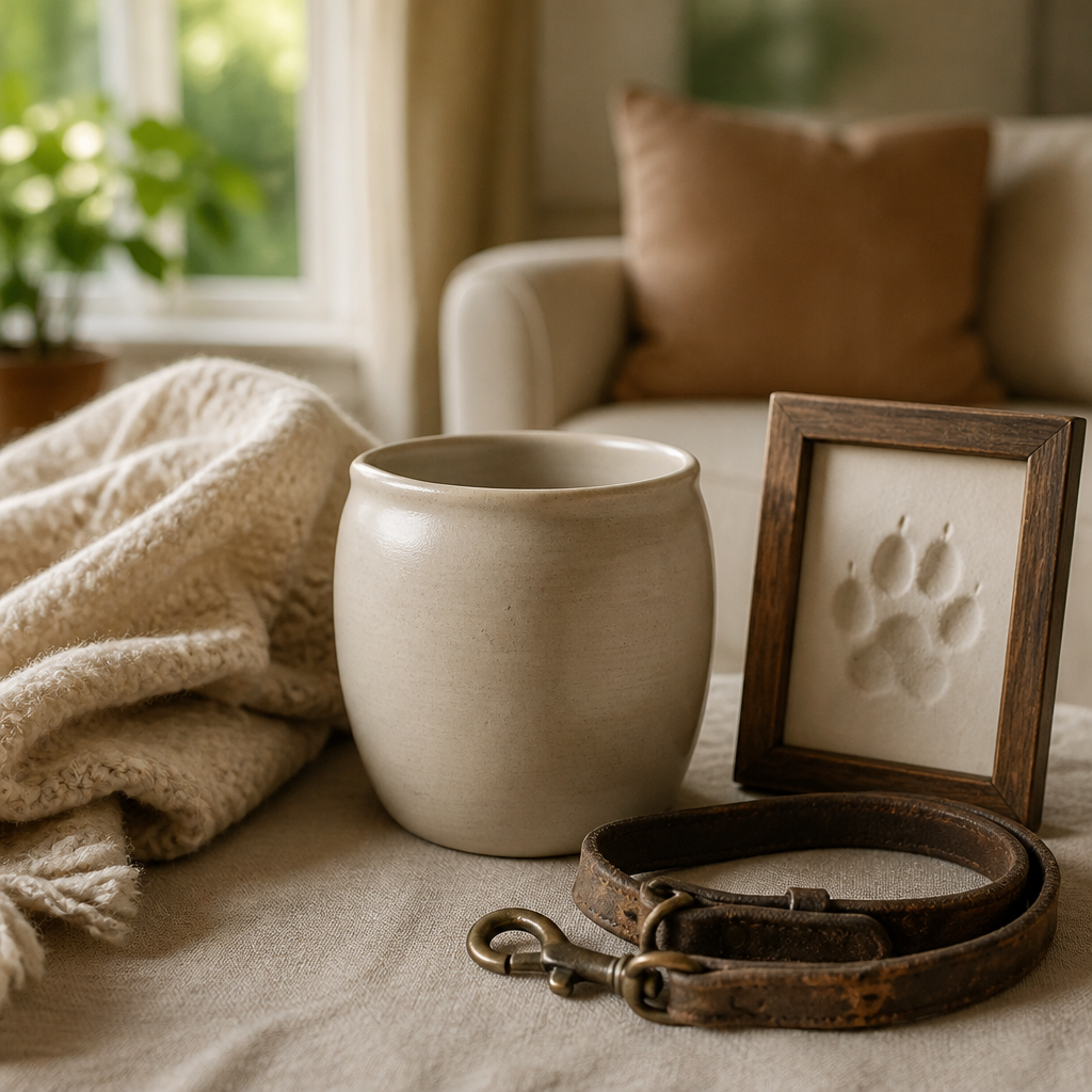 Pet loss sympathy gift ideas: a ceramic mug, folded blanket and leash arranged on linen in a warm living room.