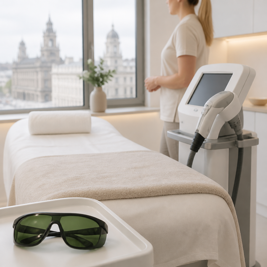 Treatment room at a Liverpool stomach laser hair removal clinic with a laser device and treatment couch