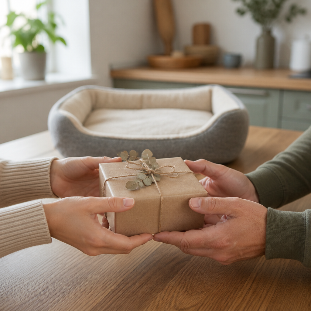 Hands passing a plainly wrapped sympathy gift across a wooden table, with a pet bed softly blurred behind.
