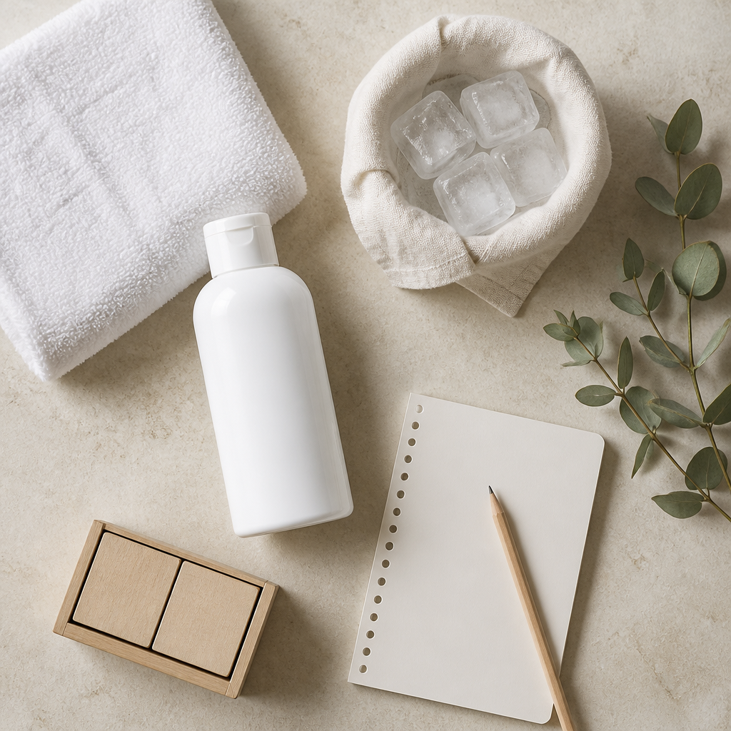 Aftercare essentials for abdomen laser hair removal laid out on a neutral surface