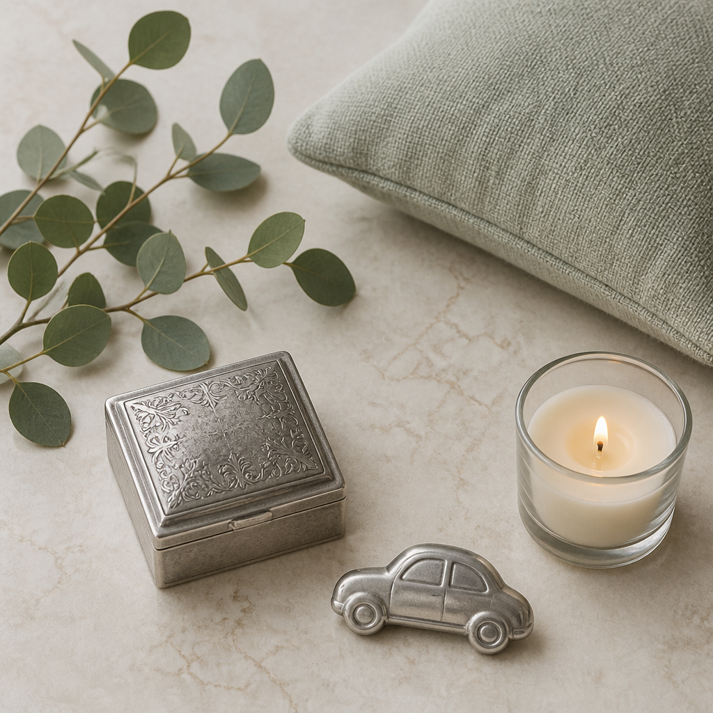 Flat-lay of pet memorial keepsakes including a ring box, car ornament, pillow and candle on pale stone.