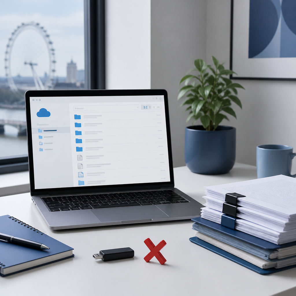 Laptop with cloud folders beside an unmanaged USB drive on a tidy London office desk
