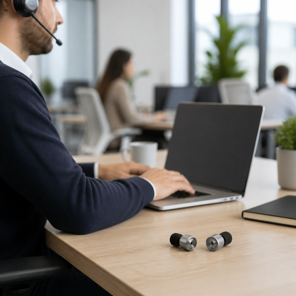 Office worker at a desk in an open-plan room with a metal-bodied reusable ear plug pair resting beside a laptop