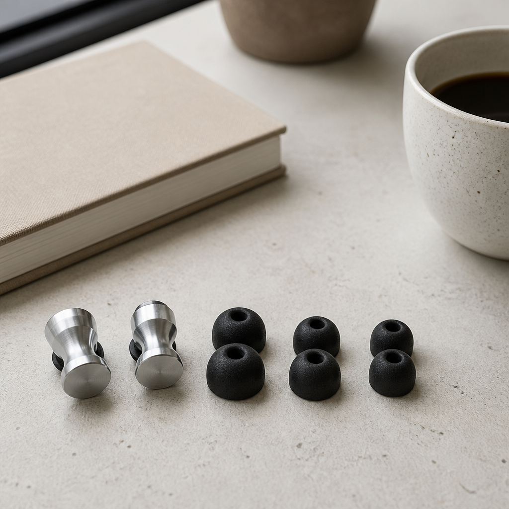 Three sizes of soft foam tips beside a brushed aluminium ear plug body on a desk with a notebook