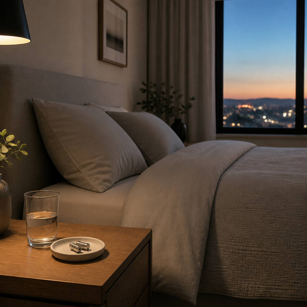 Bedside table with metal-bodied ear plugs in a dish beside a made bed in a quiet bedroom at dusk