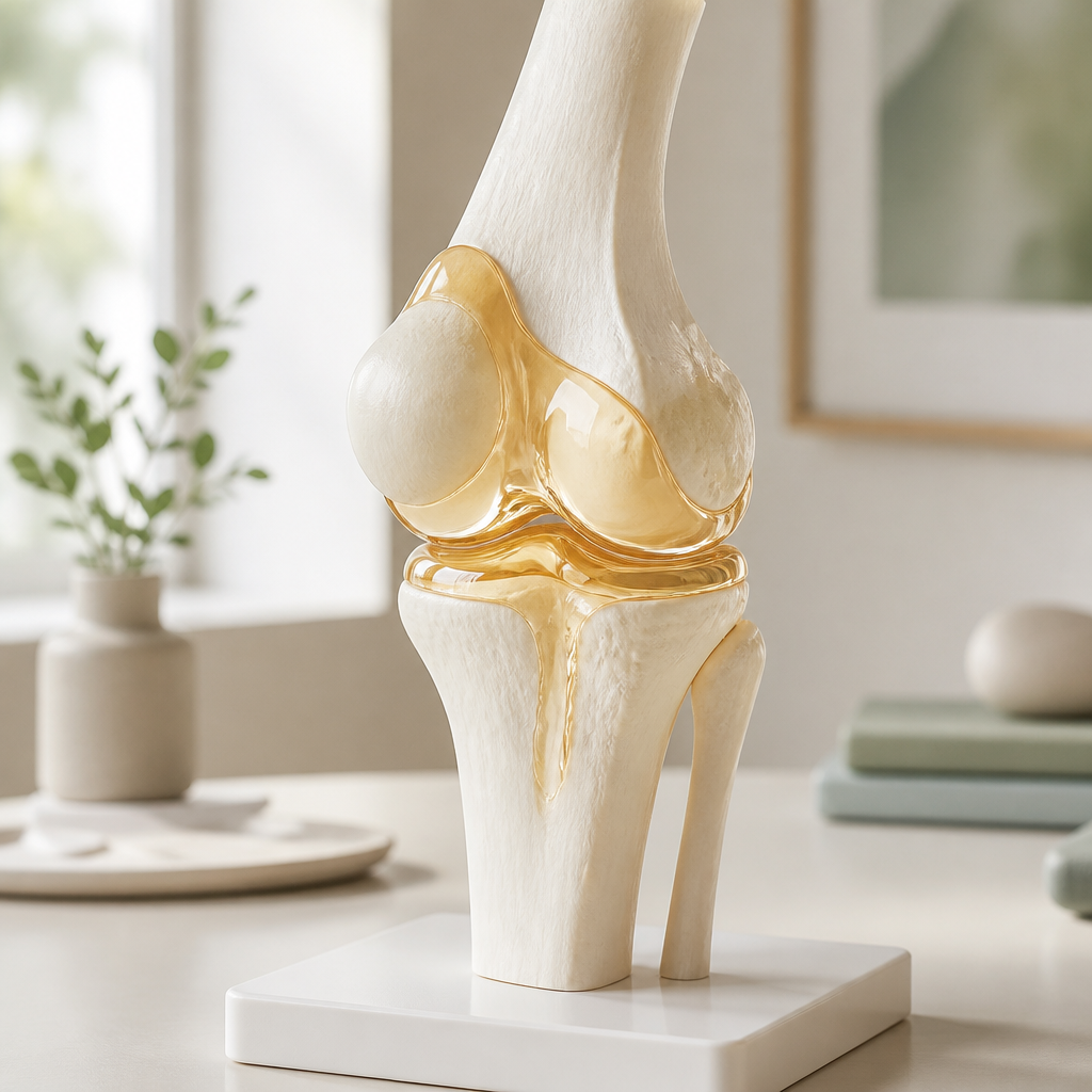 Close-up of a knee joint model with glossy fluid coating its surfaces, illustrating joint lubrication