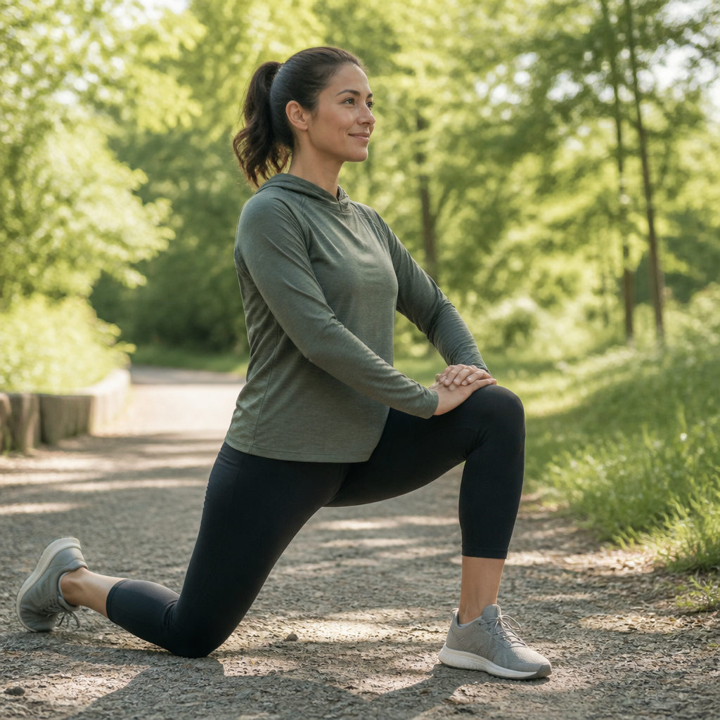 Adult stretching outdoors on a morning park path to support smooth, comfortable movement