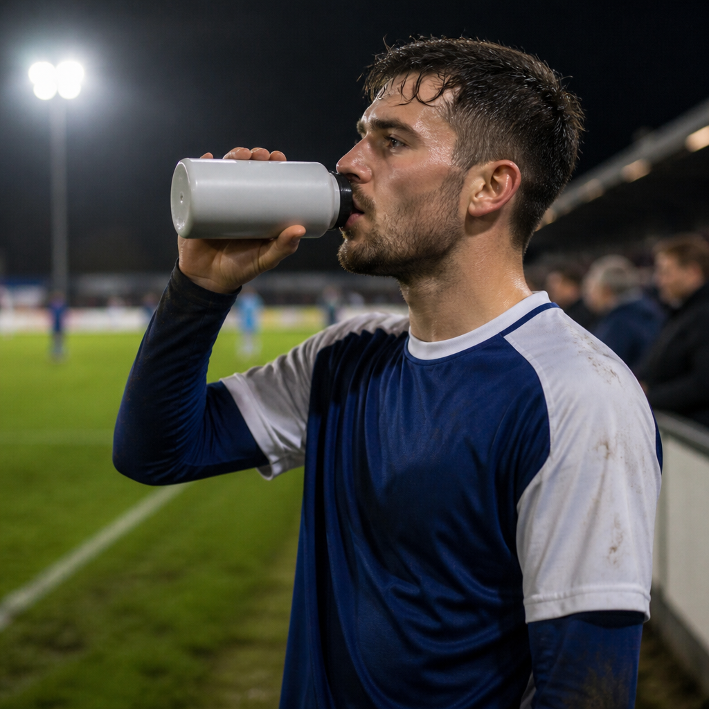 Footballer drinking from a plain water bottle on a damp UK pitch under floodlights during a team sports hydration break.