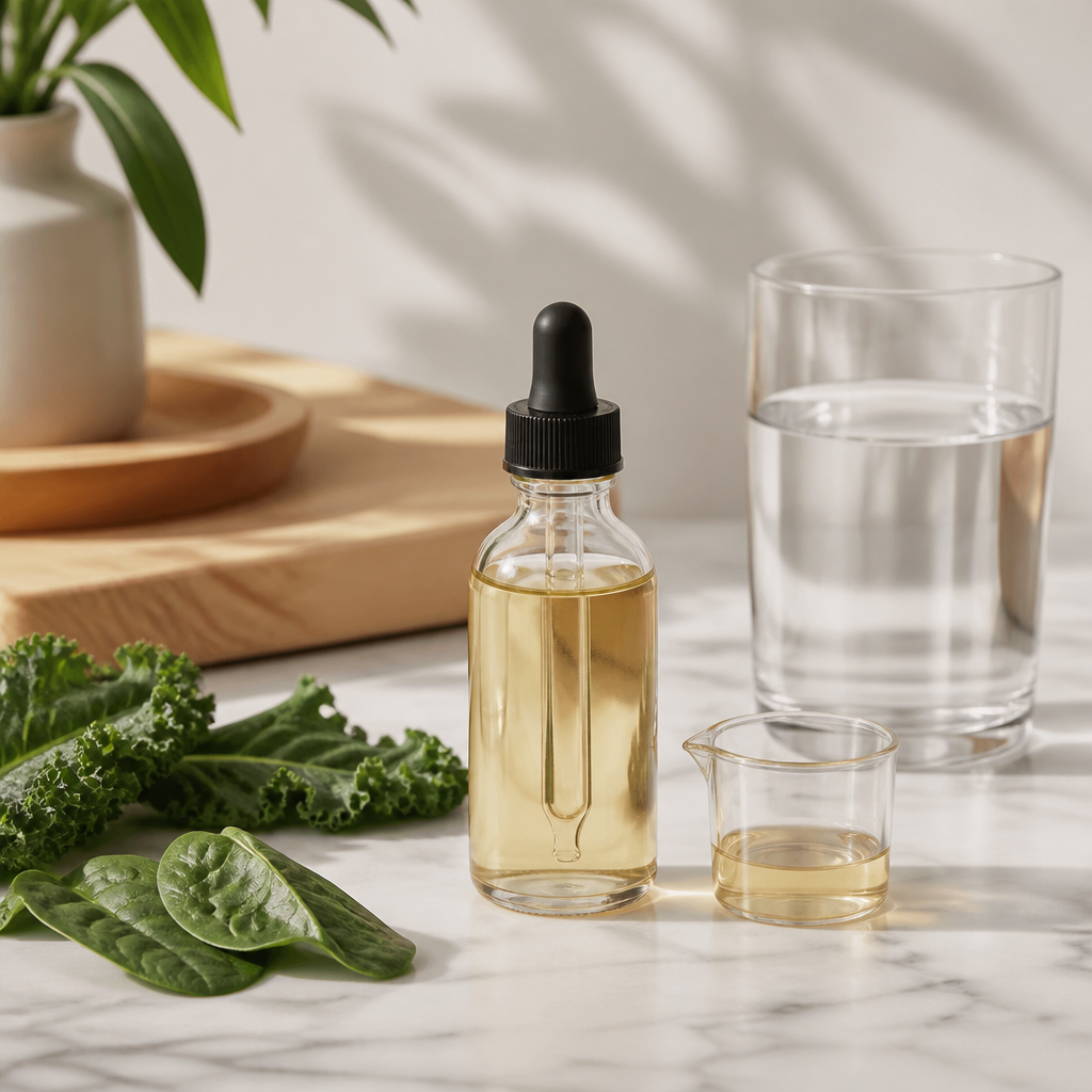 Plain liquid supplement bottle and measuring cup beside fresh greens on a daily wellness routine table