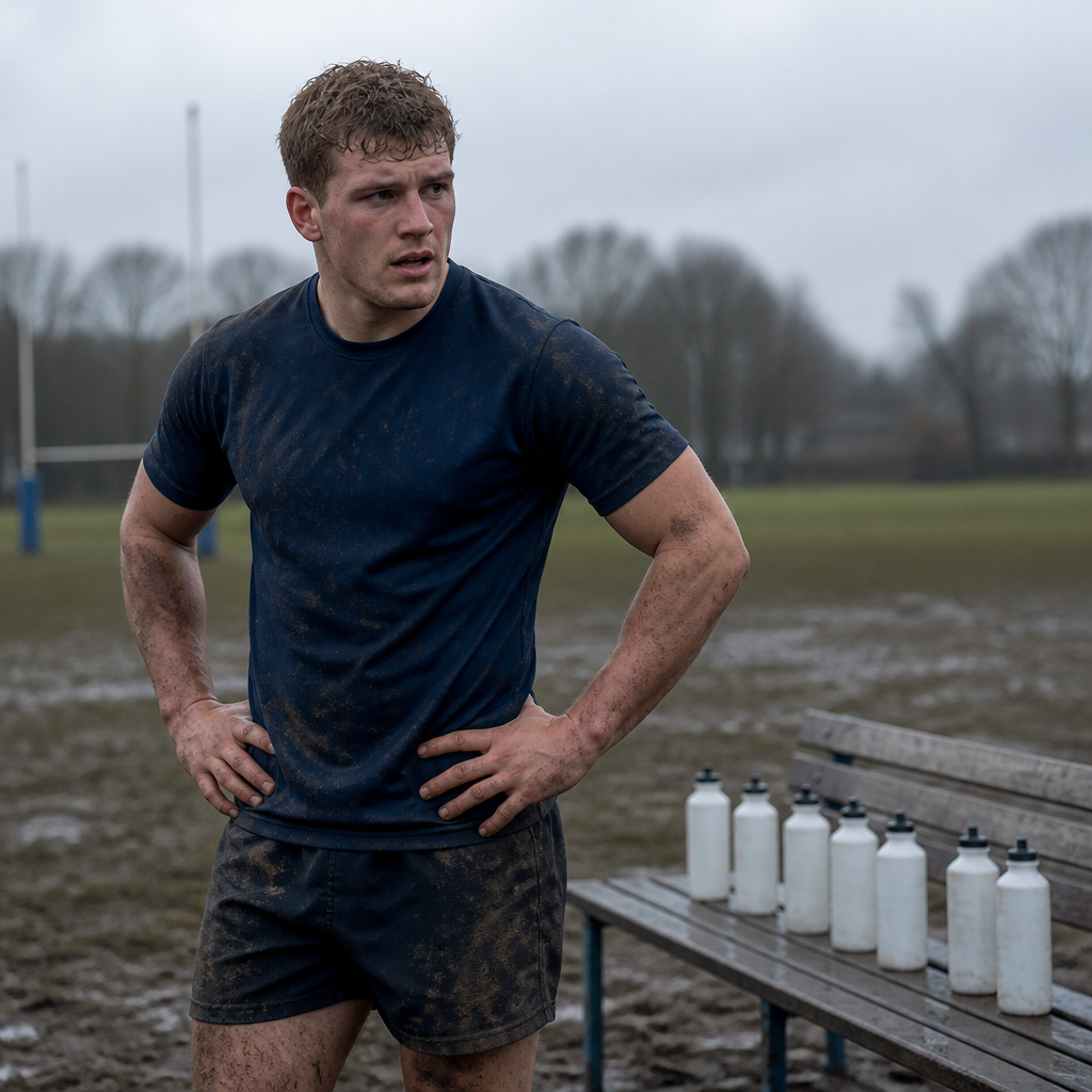 Rugby players resting beside plain water bottles on a cold, muddy UK training field during winter practice.