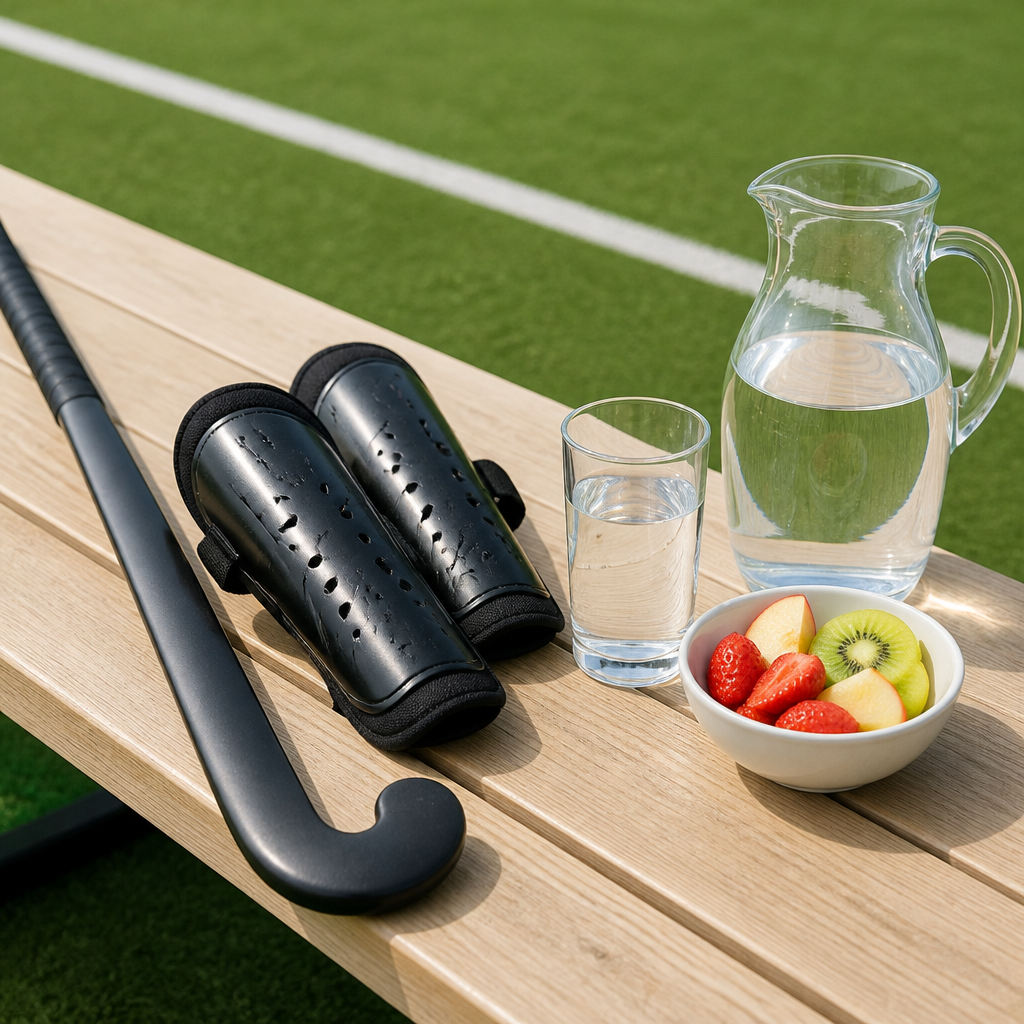 Hockey stick, shin pads and a glass of water arranged on a bench beside a grass hockey pitch in the UK.