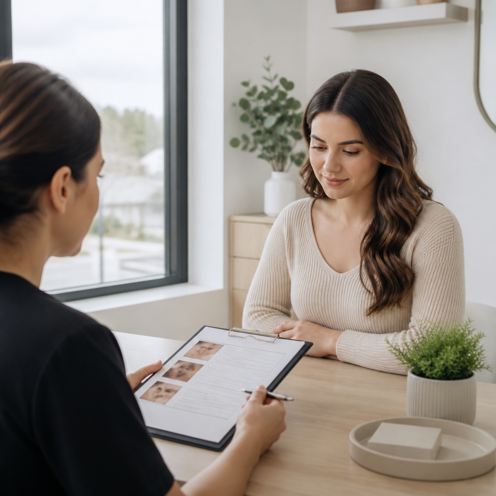 Young woman in a bright Aurora clinic consultation room planning preventative Botox with a practitioner