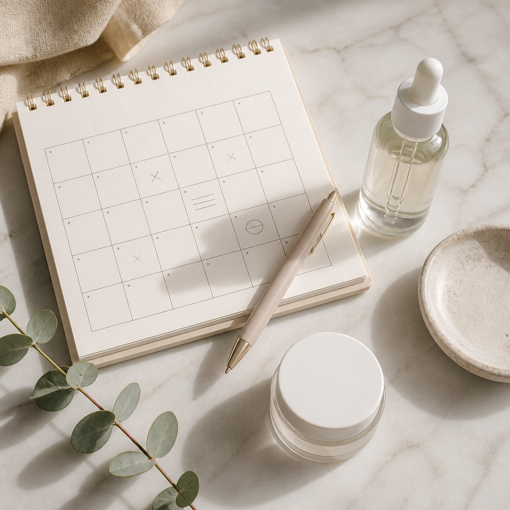 Flat-lay of a planning notebook and skincare essentials for early aesthetic care routines