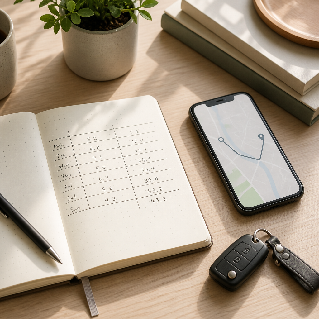 Desk with a notebook mileage log and route planning on a phone, preparing for a first EV guide in Europe.