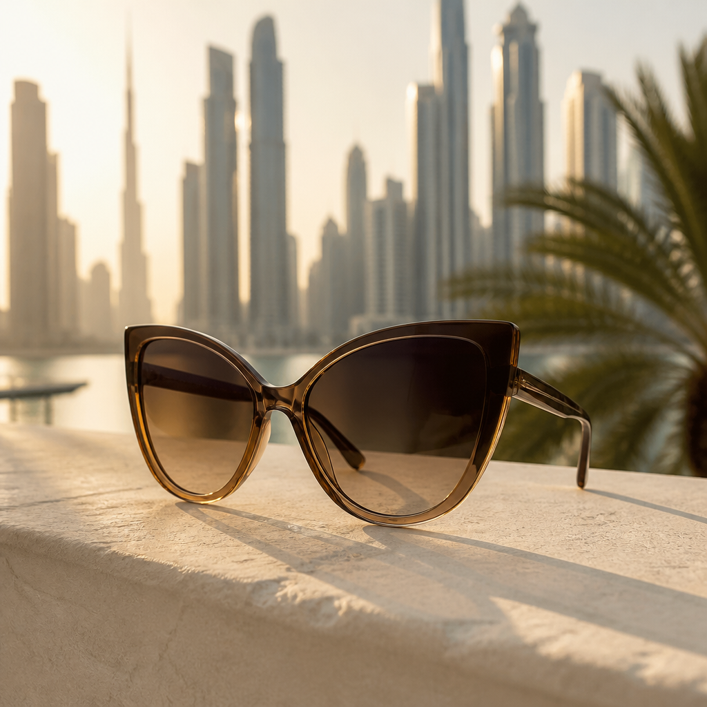 Butterfly sunglasses with wide upswept frames resting on a sunlit ledge above a Dubai skyline