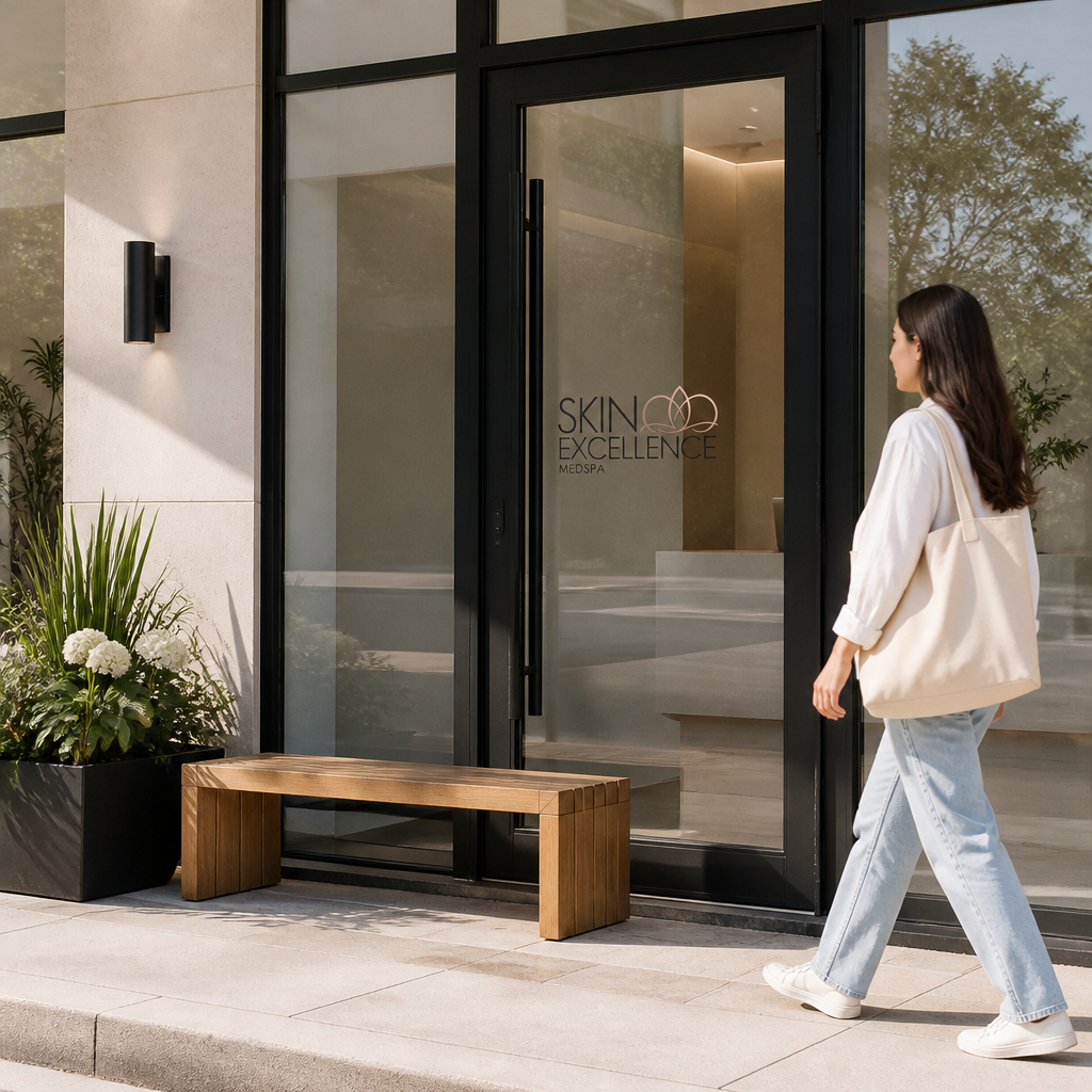 Exterior of a modern medspa clinic entrance in Aurora, Ontario with a young adult walking by