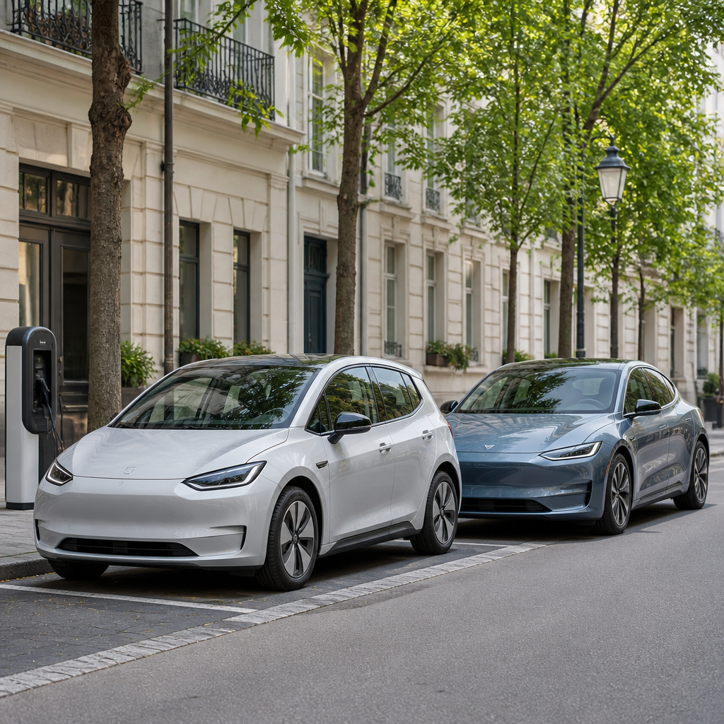 Two electric cars side by side at a public charging bay on a European city street, comparing EV options.