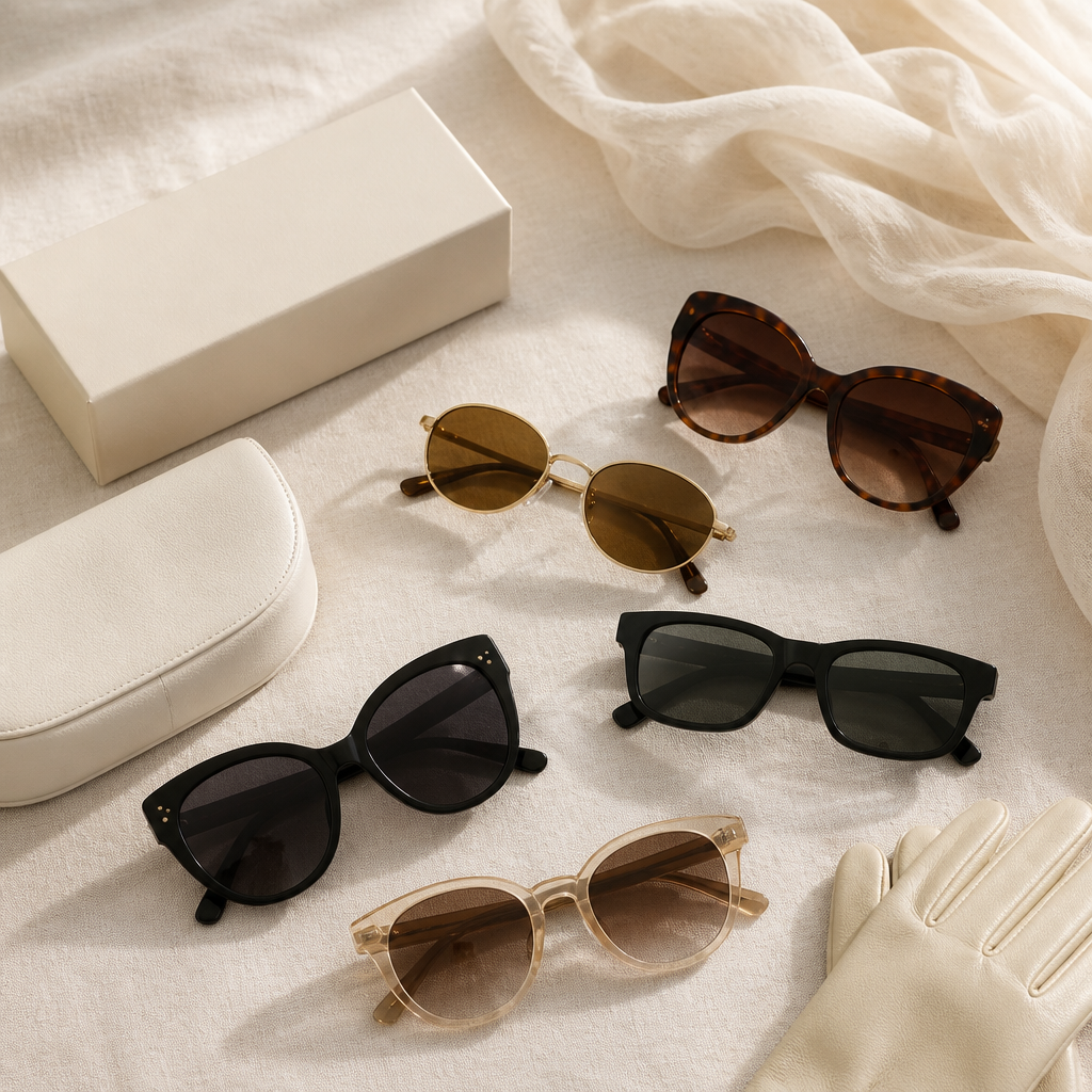 Flat-lay of designer sunglasses including a butterfly frame on sand-toned linen