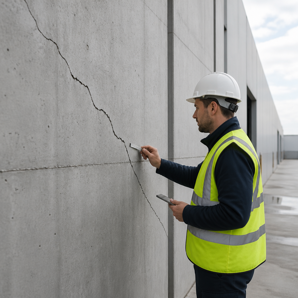 Technicien inspectant une fissure sur la façade en béton d'un bâtiment industriel de production