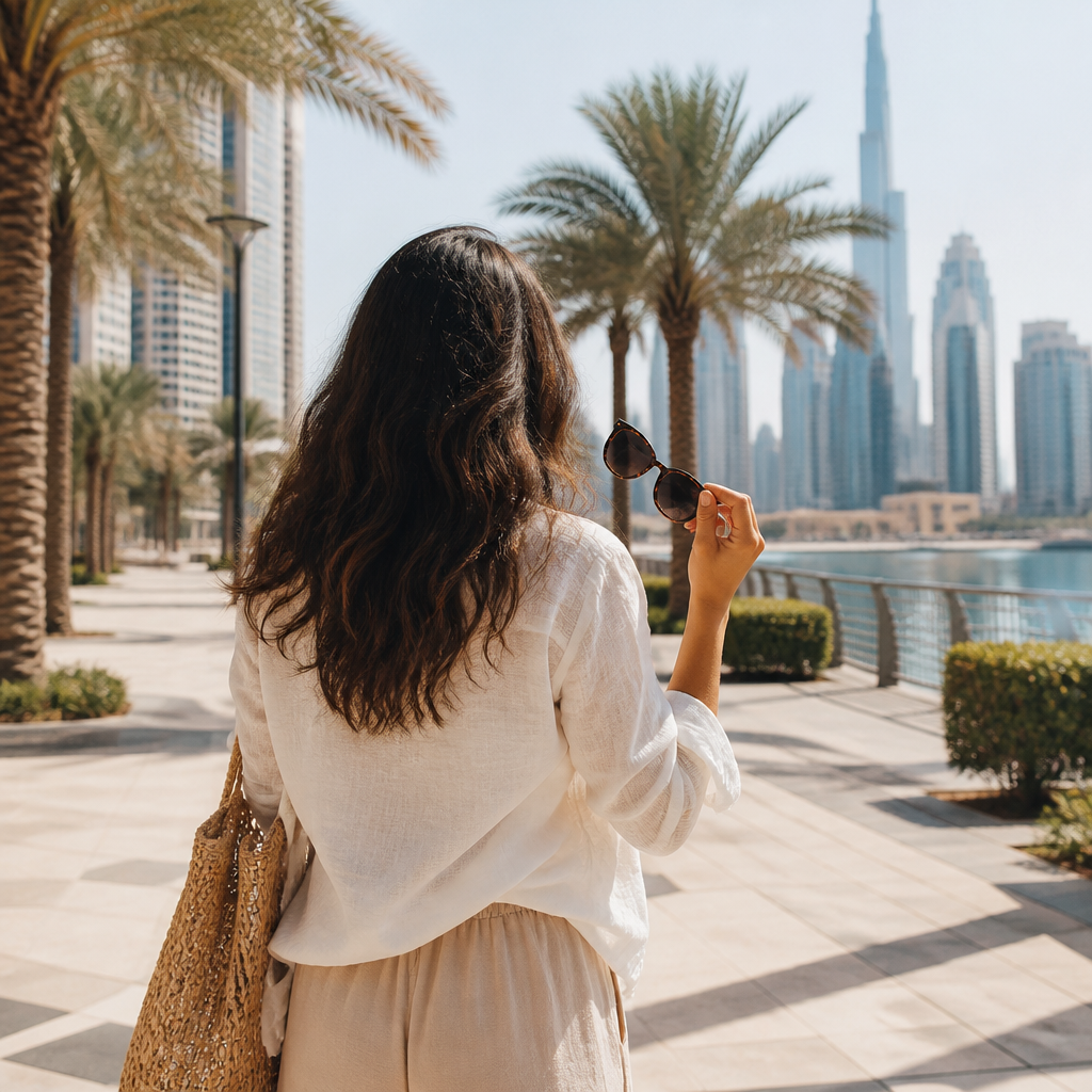 Woman in a linen shirt holding butterfly sunglasses on a palm-lined Dubai promenade