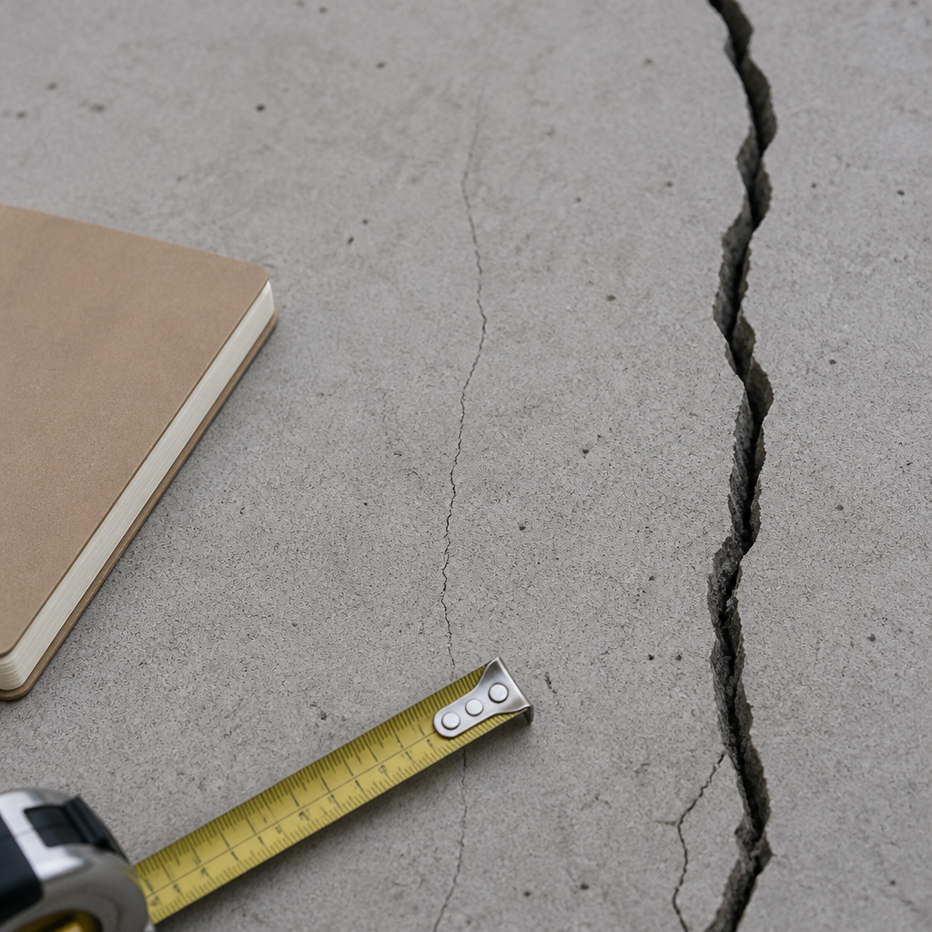 Gros plan sur des microfissures de surface et une fissure traversante sur un mur en béton