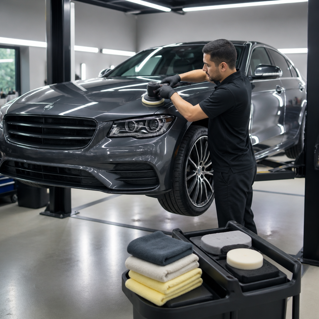 Luxury sedan under controlled studio lighting in a Glendale Heights detailing studio while a technician polishes the hood.