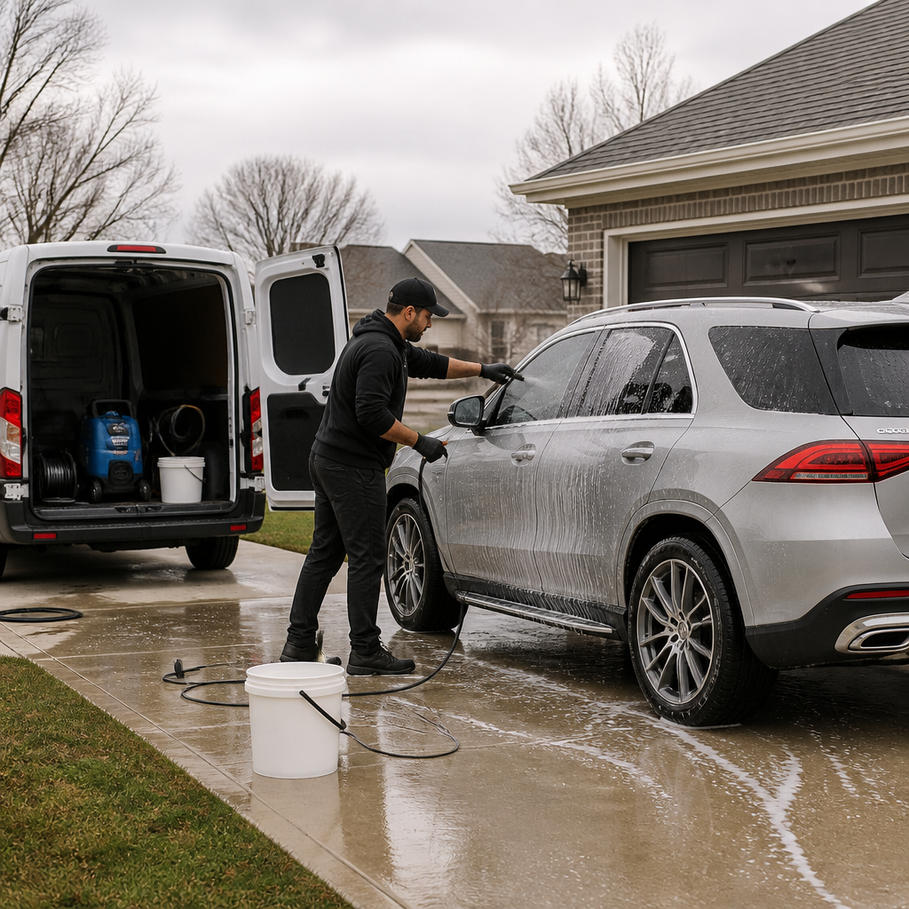 Plain white detailing van and a luxury SUV on a suburban driveway, showing an outdoor wash setup with open-air conditions.