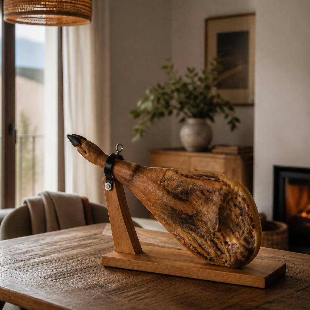 Jamón ibérico entero sobre un jamonero de madera en un salón acogedor durante el invierno, lejos del radiador.