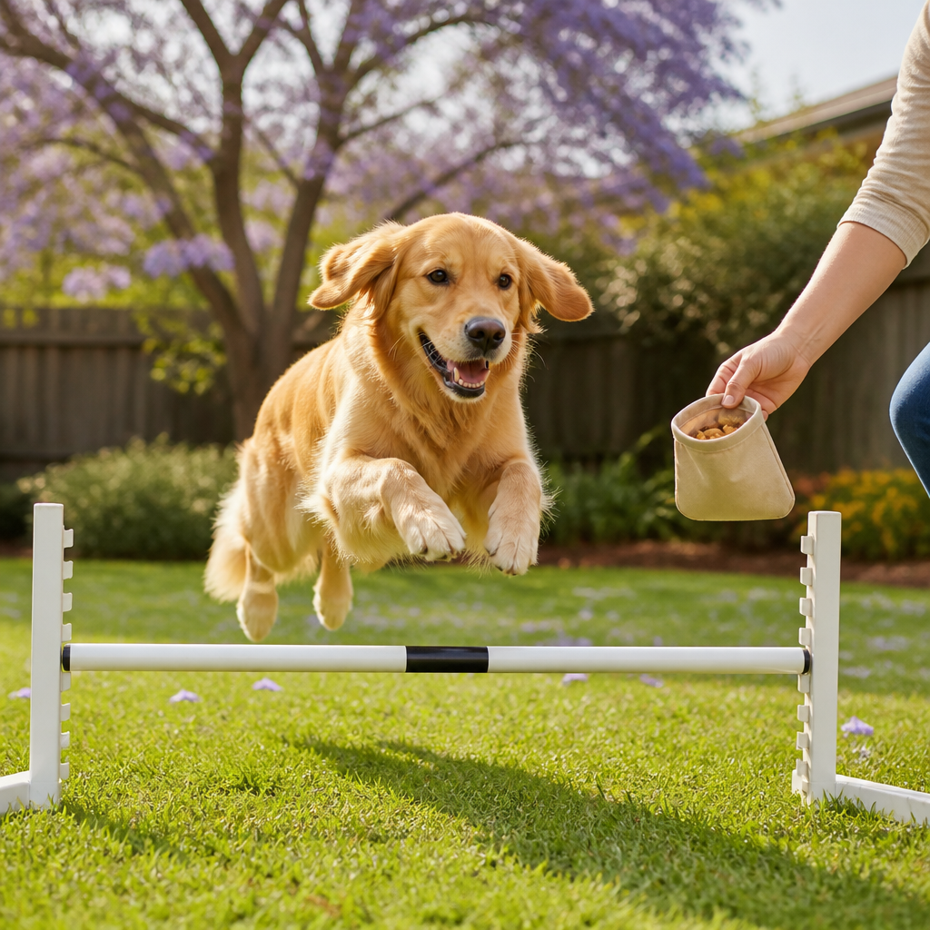 Golden retriever leaping over a backyard jump on green spring lawn, showing spring dog activities in Australia.