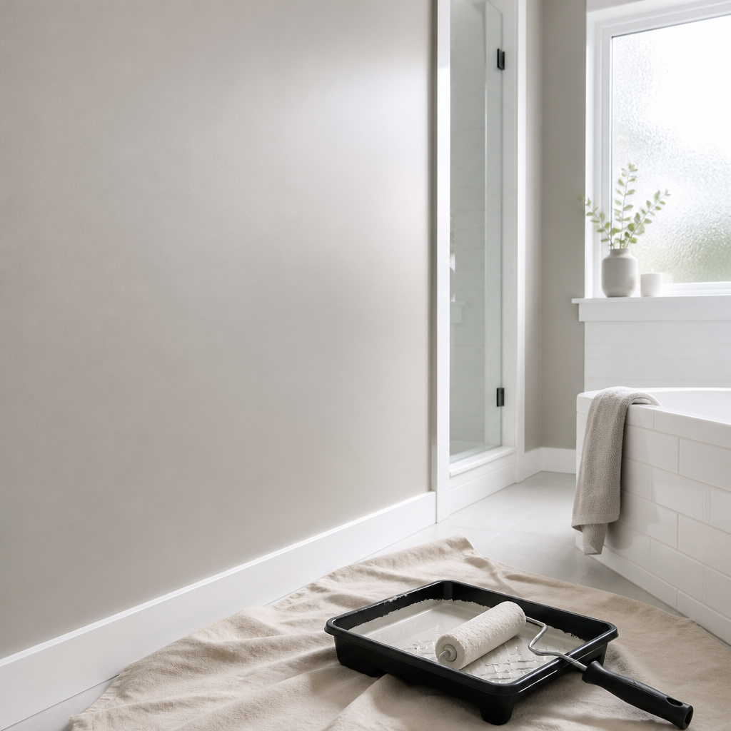 Freshly painted bathroom wall with smooth satin finish and painting tools on a drop cloth in a Surrey home.