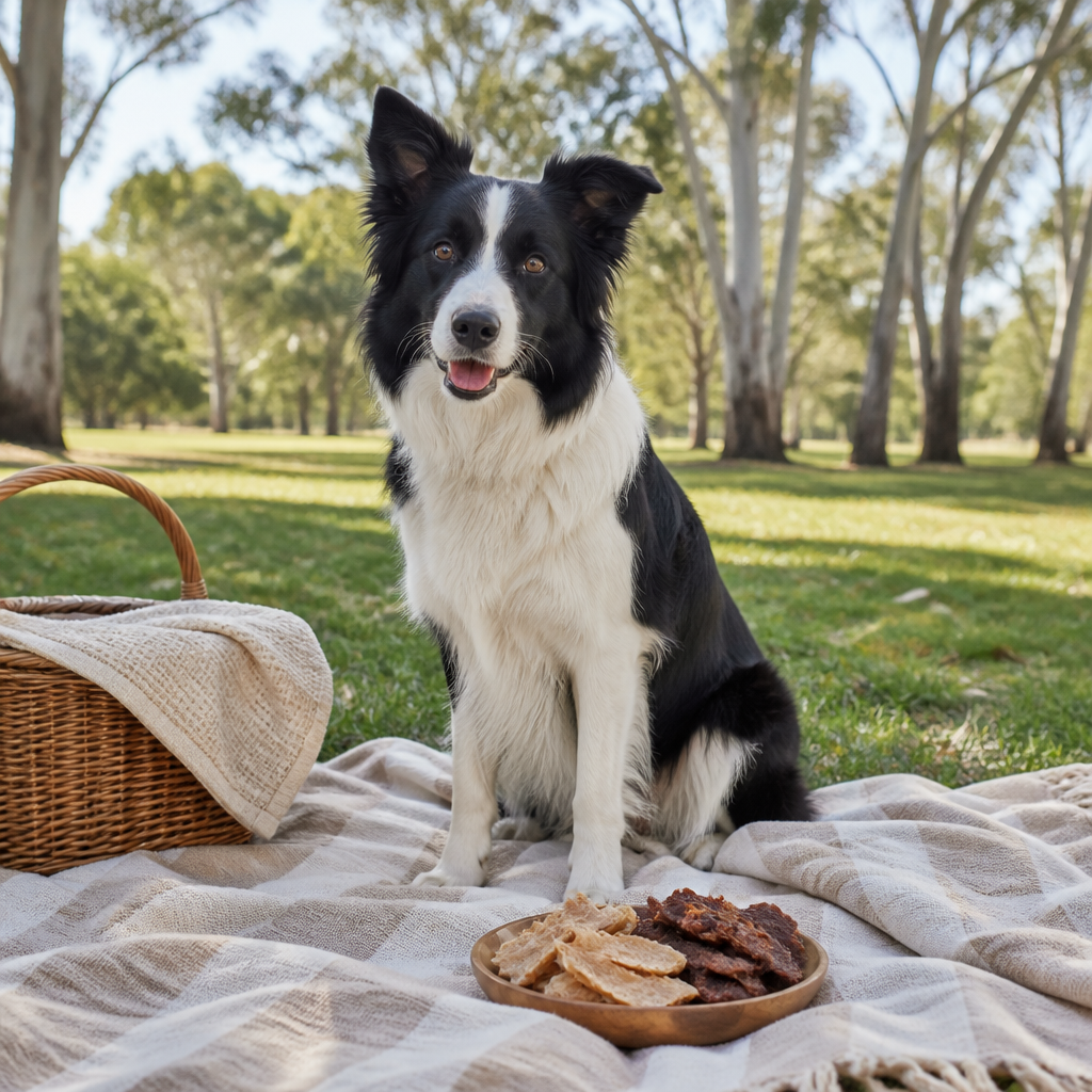 Dog sitting on a park picnic blanket beside a bowl of air-dried chicken treat chips for active dog rewards.